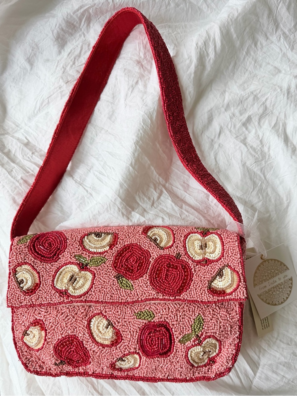 NWT Viral Beaded Apple Shoulder Bag Fruit Motif Pink Red Flap Purse